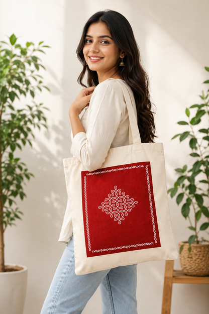 Hand-Painted Kolam Eco-Friendly Tote Bag – Traditional Art Canvas