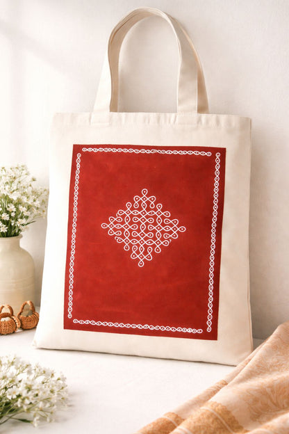 Hand-Painted Kolam Eco-Friendly Tote Bag – Traditional Art Canvas